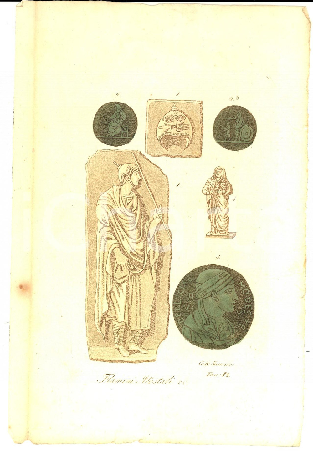 Stampa, bozzetto originale 1823 COSTUME EUROPEO FERRARIO Flamini, Vestali, ecc. Inc. SASSO Stampa 1