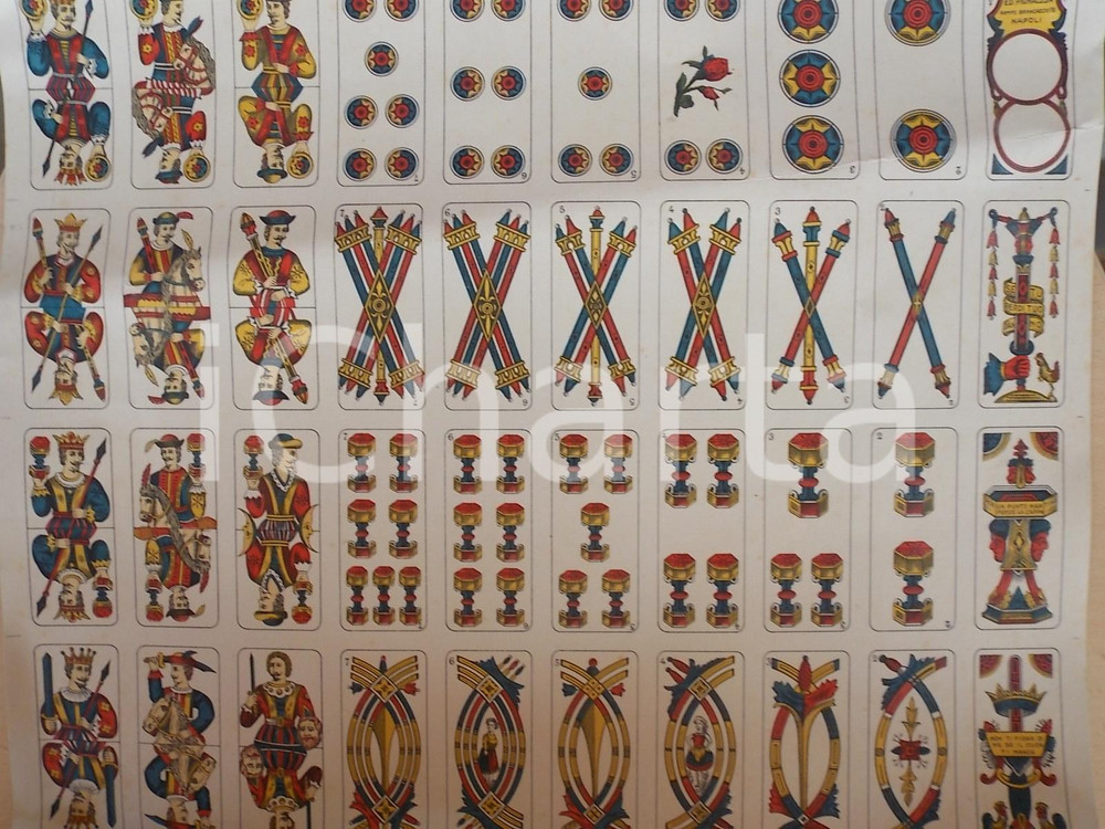 Documento originale, autentico 1940 ca NAPOLI Carte da gioco napoletane ed. PIGNALOSA foglio intero 50x40 cm 1