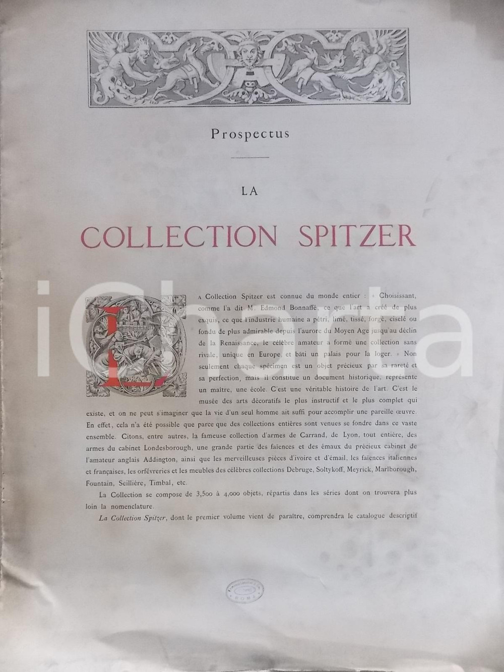 Materiale pubblicitario d’epoca 1890 ca PARIS La collection SPITZER Plan de l oeuvre ILLUSTRE  MAISON QUANTIN 1