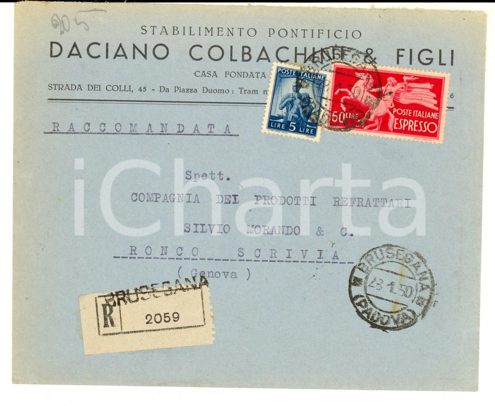 Cartolina originale da collezione 1950 PADOVA STORIA POSTALE Busta COBIANCHI affrancatura  L. 5 + L. 60 espresso 1