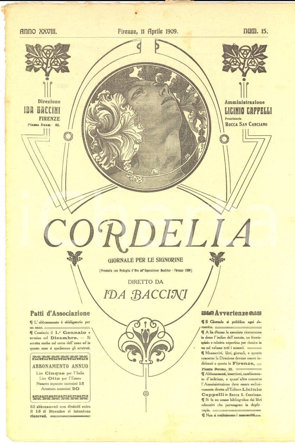 Giornale, rivista storica 1909 CORDELIA Una conferenza di Matilde Serao Rivista anno XXVIII nÂ°15 1