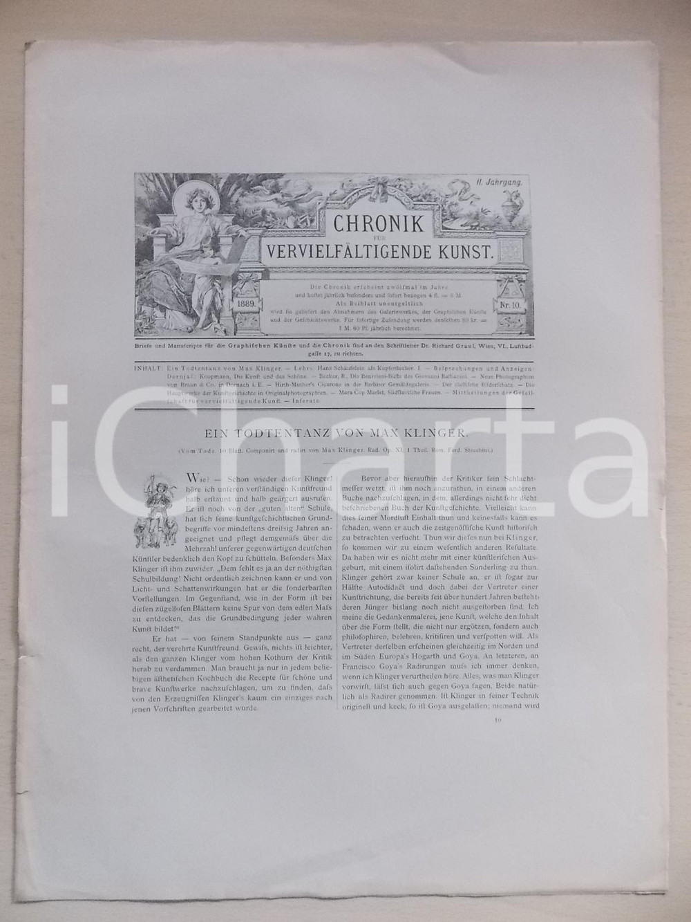 Giornale, rivista storica 1889 CRONIK fur VERVIELFALTIGENDE KUNST Ein Todtentanz von Max KLINGER nÂ° 10 1