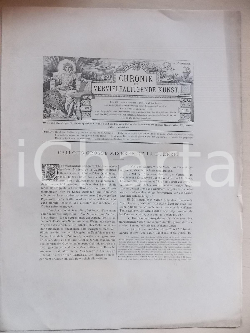 Giornale, rivista storica 1889 CRONIK fur VERVIELFALTIGENDE KUNST Callot s grosse misÃ¨res guerre nÂ° 11 1