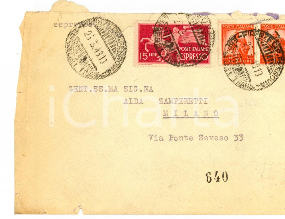 Cartolina originale da collezione 1948 STORIA POSTALE REPUBBLICA Busta affrancatura L. 10 doppia + L. 15 espresso 1
