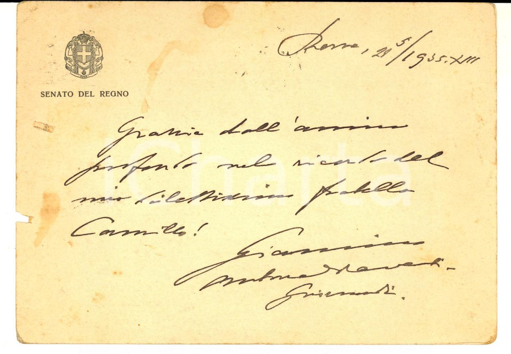 Autografo originale 1935 ROMA Biglietto sen. Giannino ANTONA TRAVERSI GRISMONDI Autografo 1