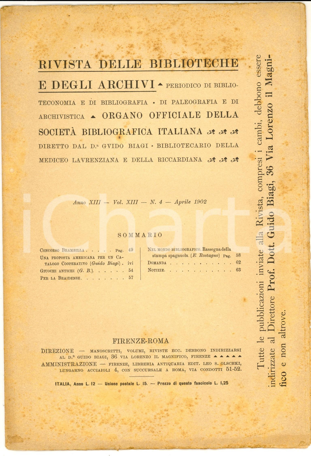 Giornale, rivista storica 1902 RIVISTA DELLE BIBLIOTECHE E DEGLI ARCHIVI Catalogo cooperativo nÂ°4 1