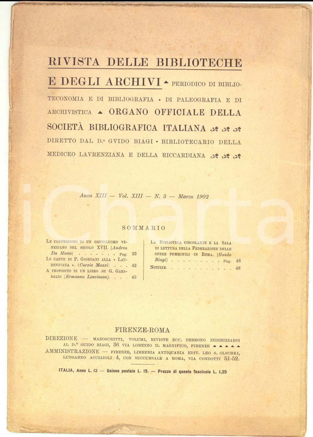 1902 RIVISTA DELLE BIBLIOTECHE E DEGLI ARCHIVI Carte di GIORDANI n°3