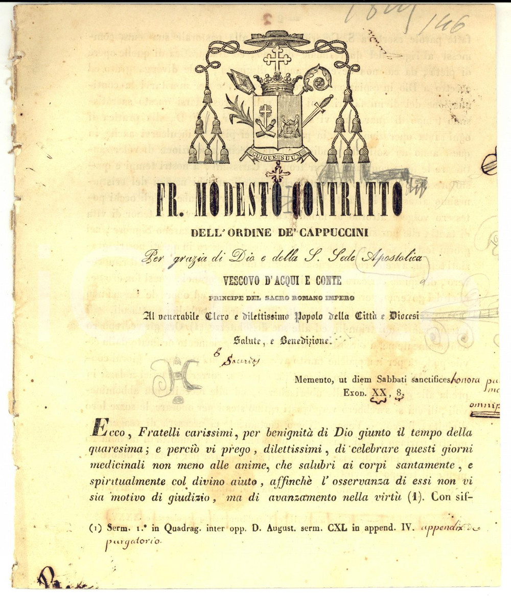 Documento originale, autentico 1845 STREVI AL Mons. Modesto CONTRATTO  Lettera sulla Quaresima 1