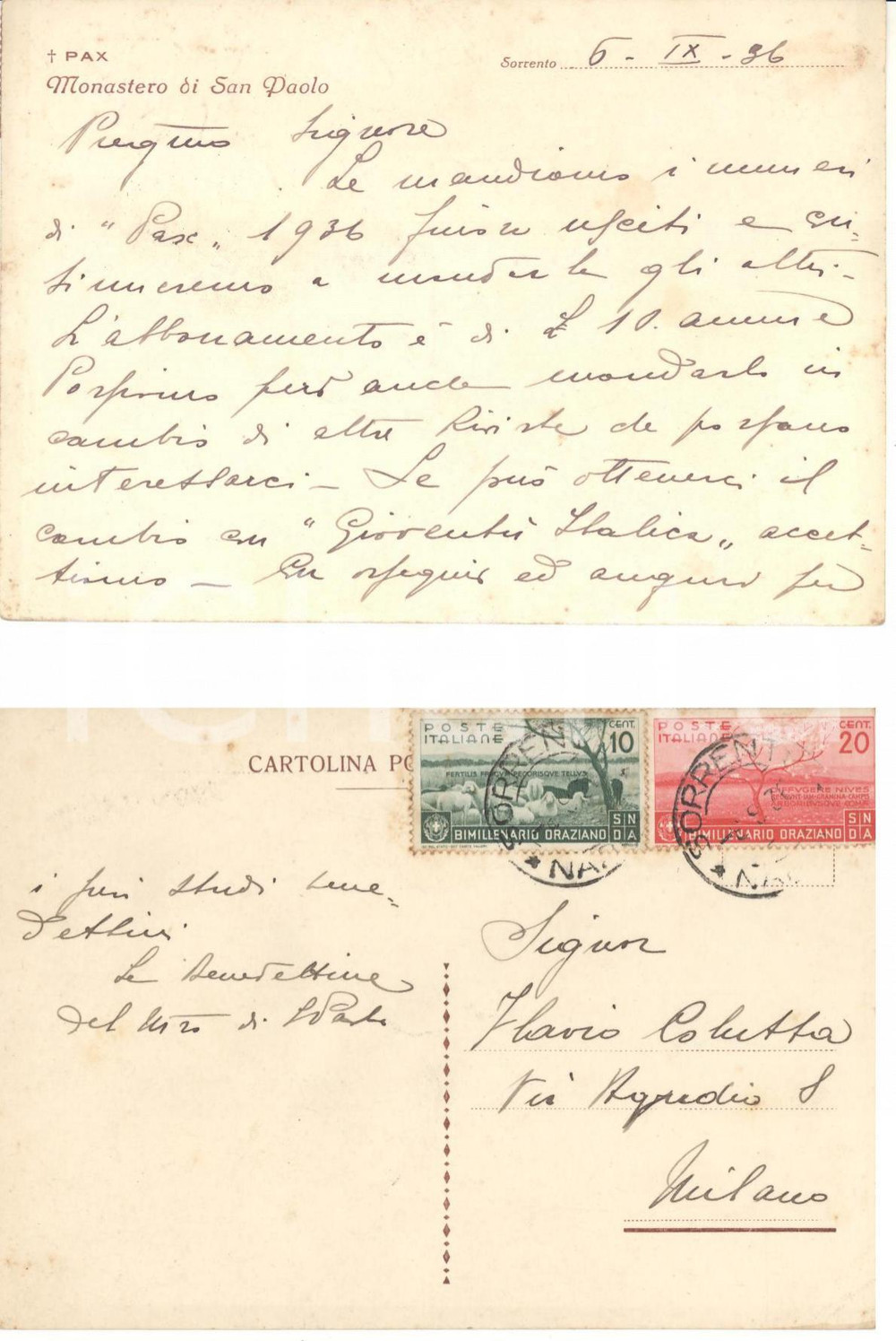 Cartolina originale da collezione 1936 SORRENTO NA Monastero di SAN PAOLO Cartolina per l abbonamento a PAX 1
