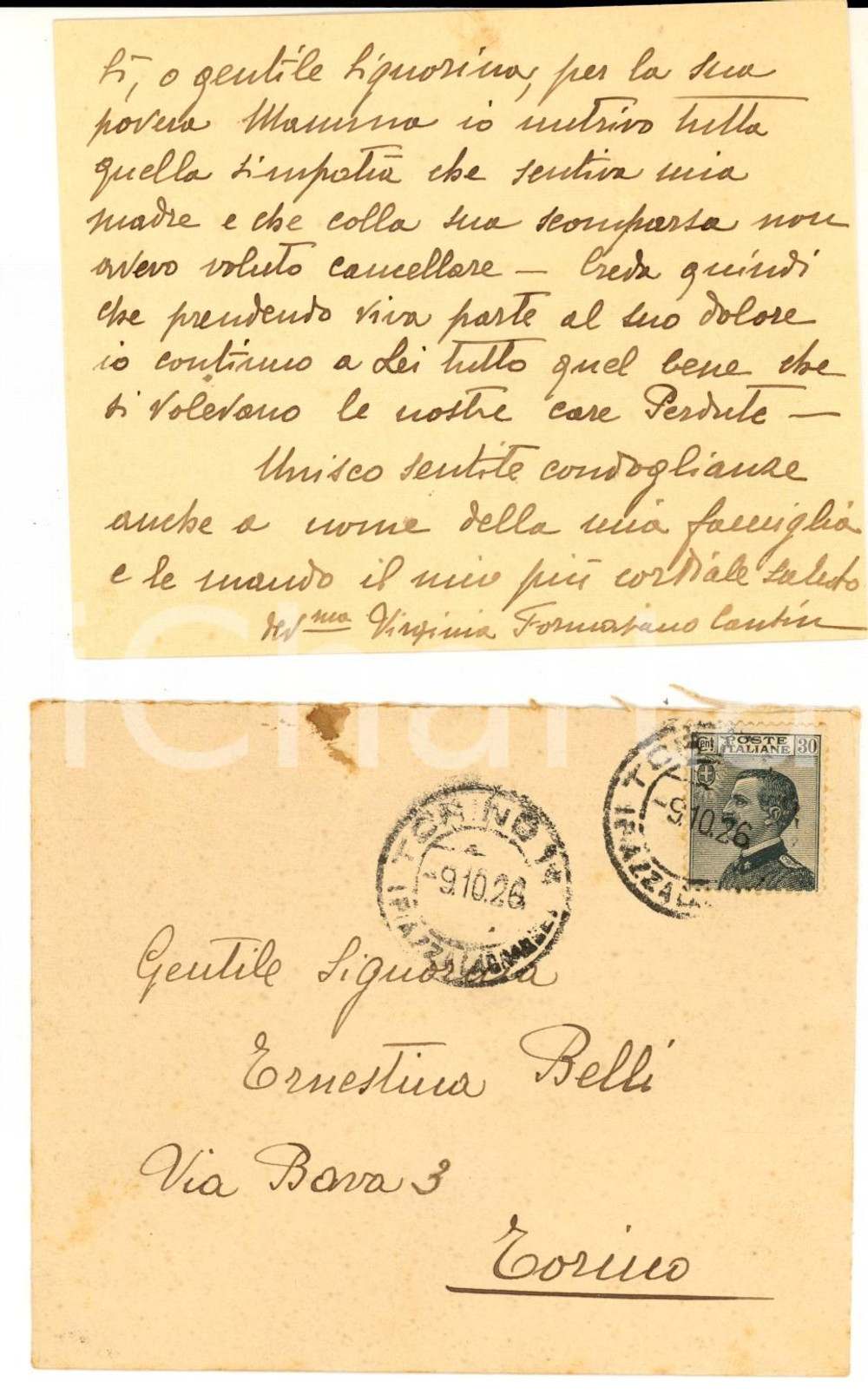 Manoscritto, lettera originale 1926 TORINO Condoglianze di Virginia FORMAIANO CANTIN a Ernestina BELLI 1