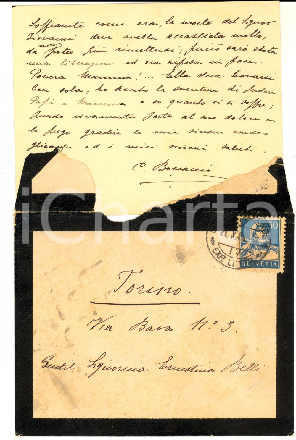 Manoscritto, lettera originale 1924 LA CHAUXDEFONDS Condoglianze di M.me C. BONACCIO a Ernestina BELLI 1