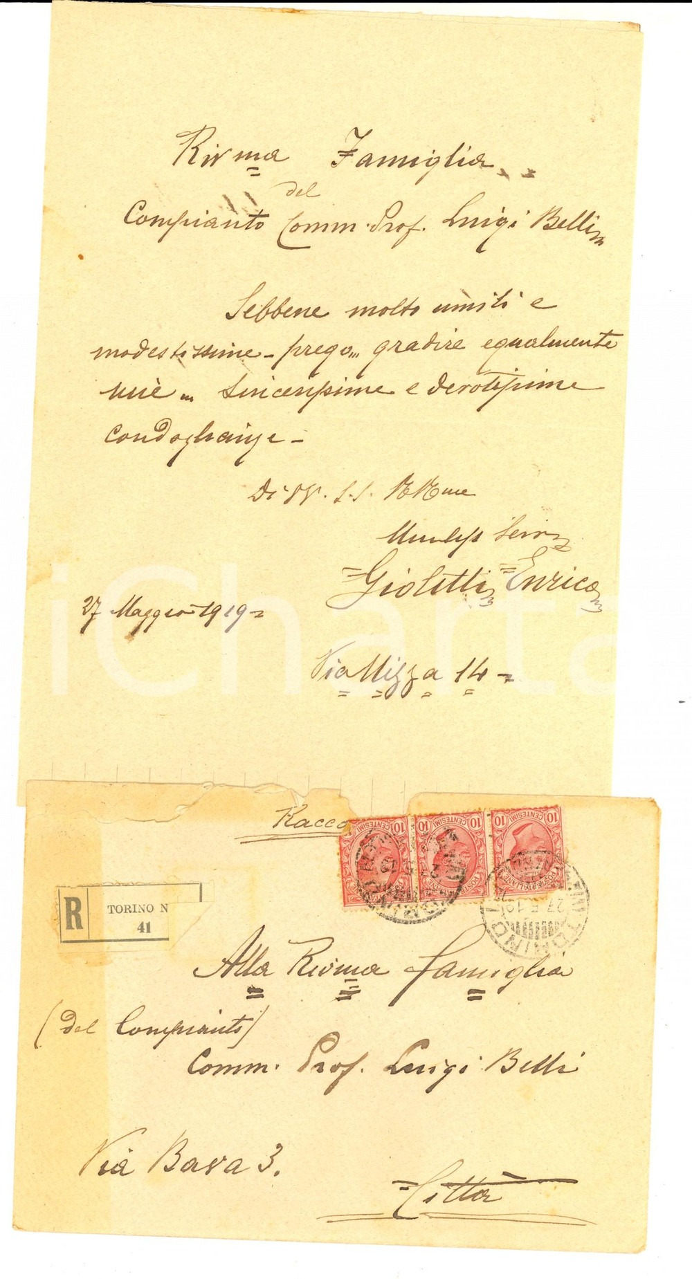 Manoscritto, lettera originale 1919 TORINO Condoglianze di Enrico GIOLITTI a Ernestina BELLI Lettera 1