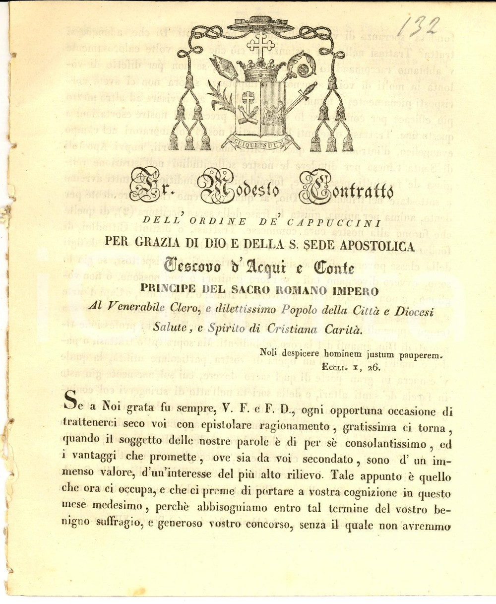 Documento originale, autentico 1844 ACQUI TERME Mons. Modesto CONTRATTO  Sui Fratelli delle Scuole Cristiane 1