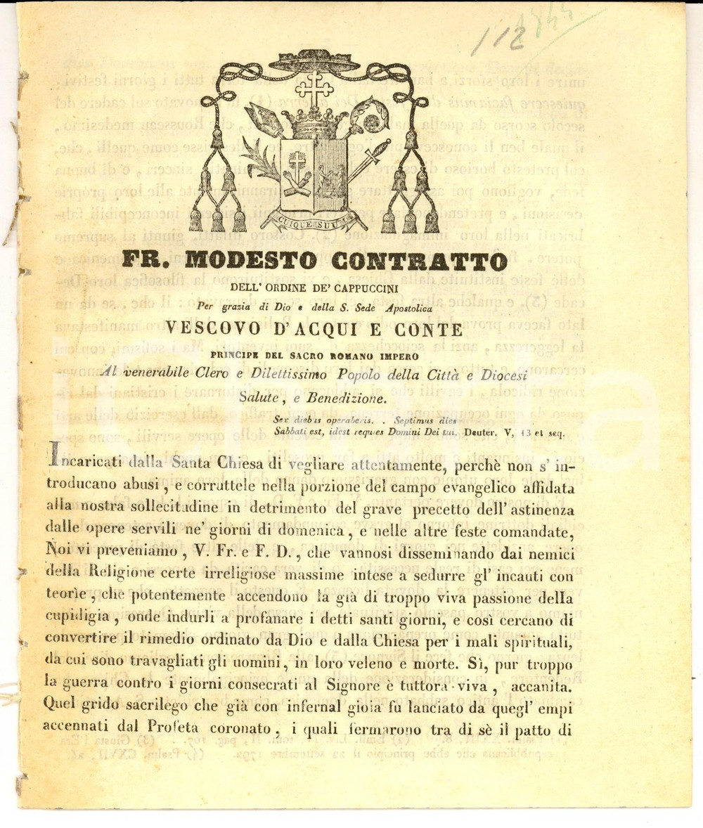 Documento originale, autentico 1844 ACQUI TERME Mons. Modesto CONTRATTO  Astinenza dal lavoro nelle feste 1
