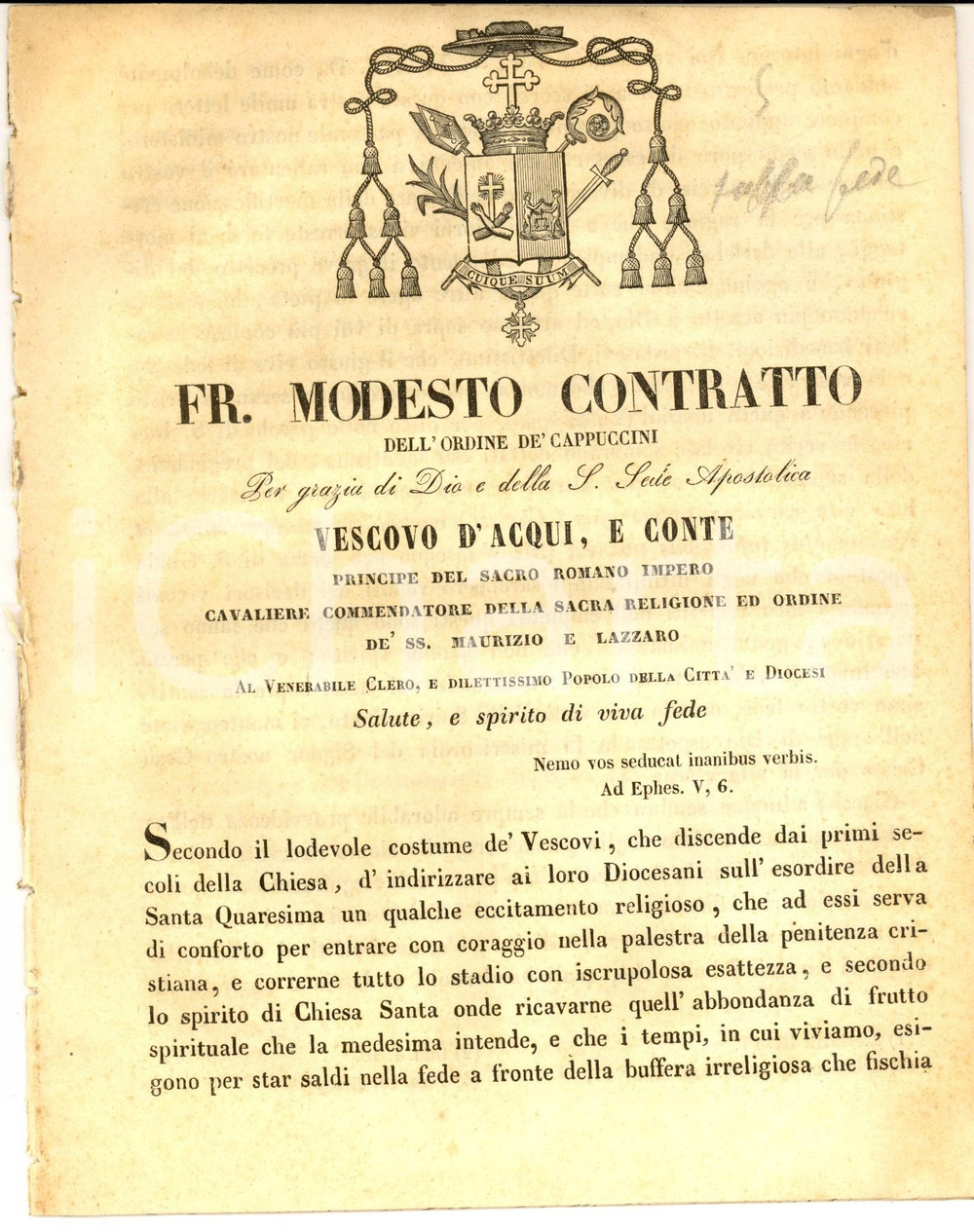 Documento originale, autentico 1849 ACQUI TERME Mons. Modesto CONTRATTO  Importanza degli esercizi spirituali 1