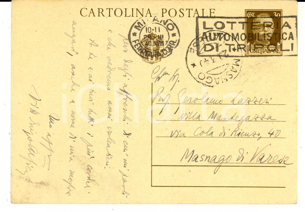 Autografo originale 1940 RAPALLO Vittorio Enzo ALFIERI assunto da GARZANTI Cartolina AUTOGRAFA 1
