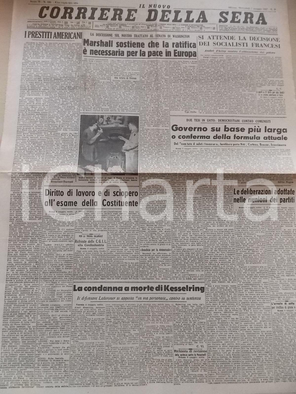 Giornale, rivista storica 1947 CORRIERE DELLA SERA Piano MARSHALL ratifica del trattato italiano Giornale 1