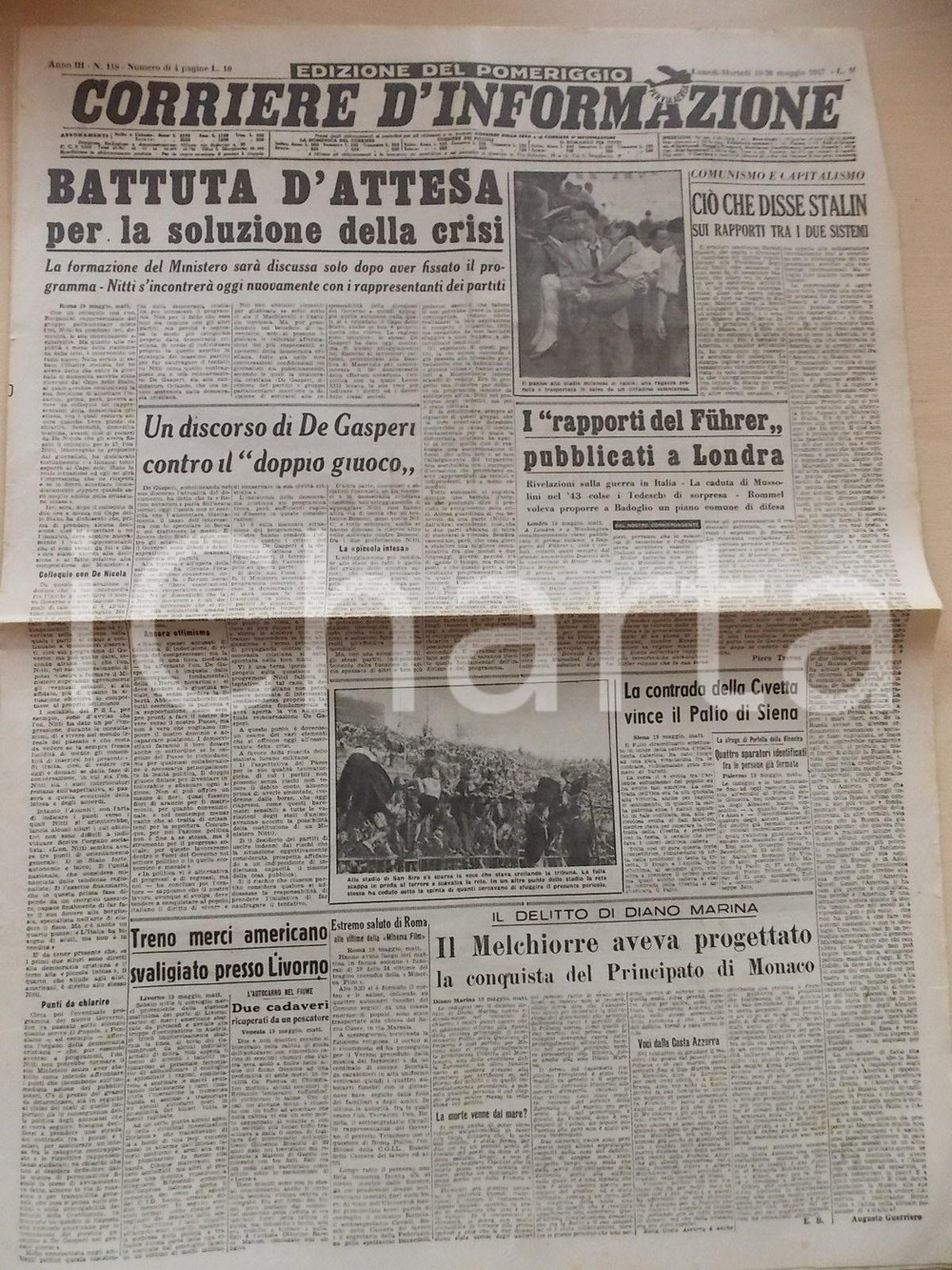 Giornale, rivista storica 1947 CORRIERE D INFORMAZIONE Discorso DE GASPERI controil doppio gioco Giornale 1