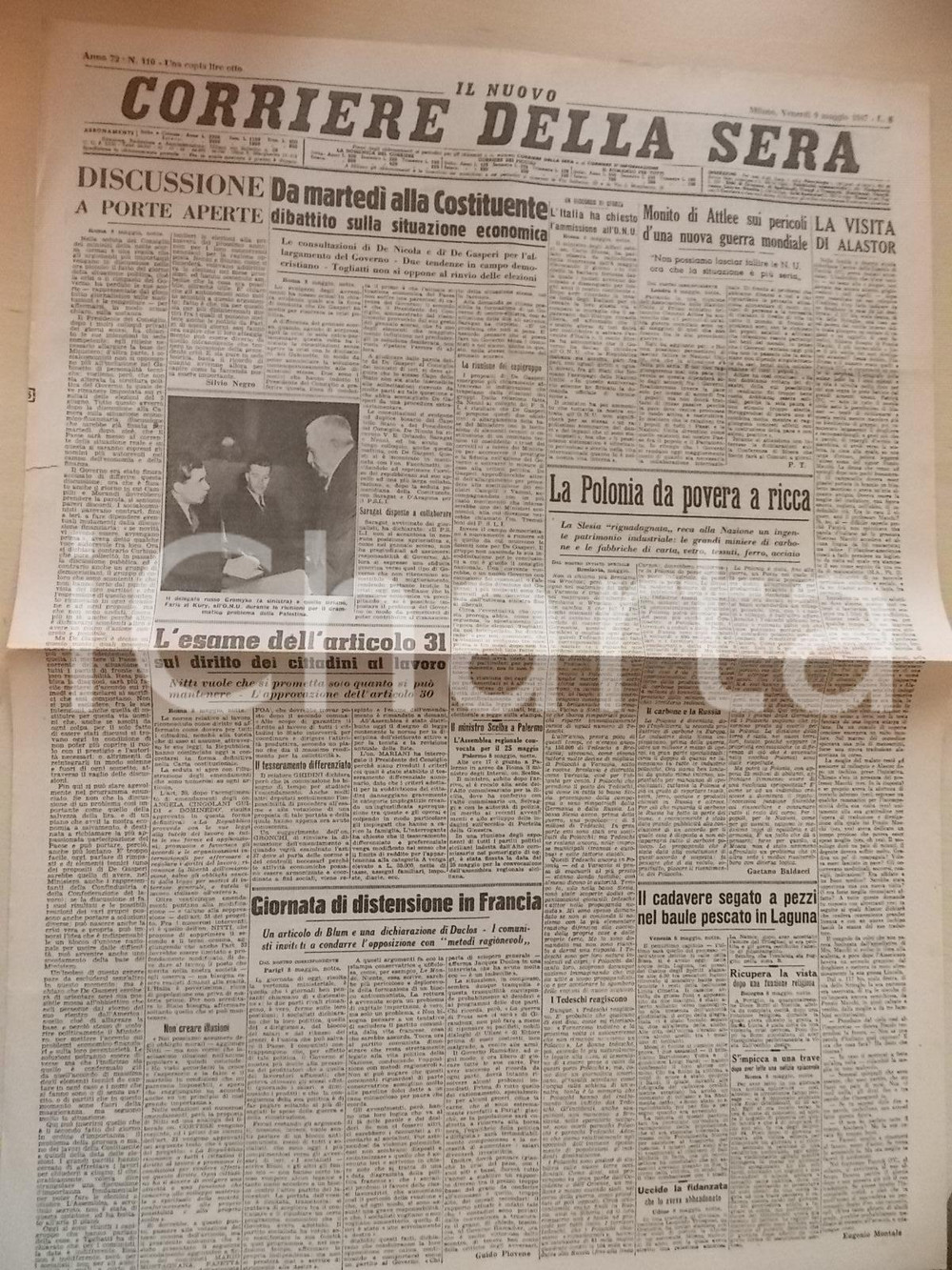 Giornale, rivista storica 1947 CORRIERE DELLA SERA La Polonia da povera a ricca Giornale 1