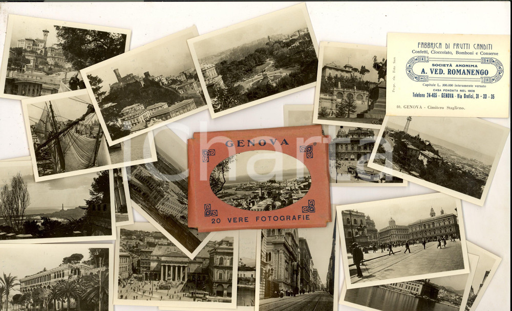 Materiale pubblicitario d’epoca 1920 ca GENOVA Album 20 fotografie seriali Pubblicità ROMANENGO Frutti canditi 1