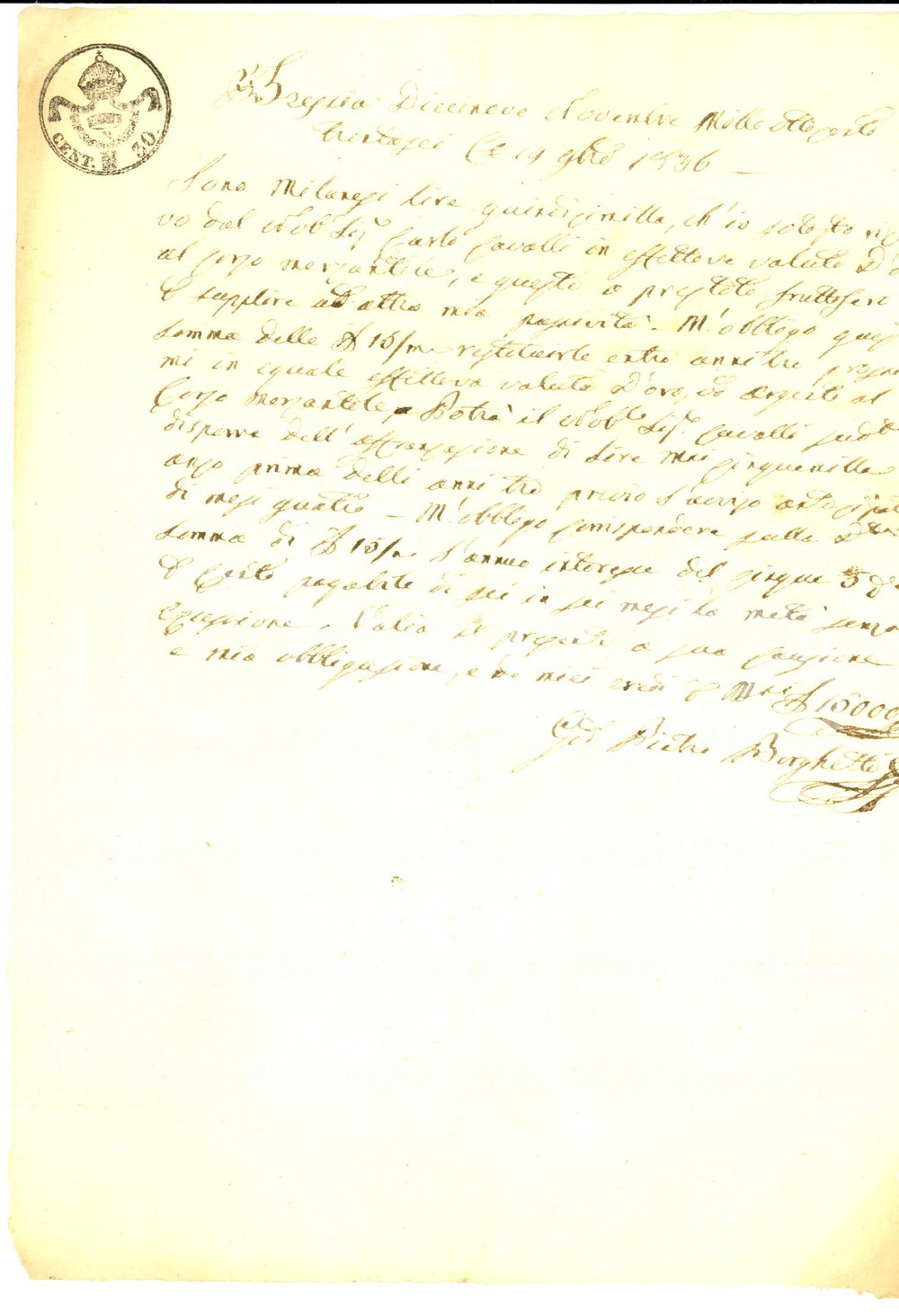 Documento originale, autentico 1836 BRESCIA Ricevuta Giovanni Pietro BORGHETTI al nobile Carlo CAVALLI 1