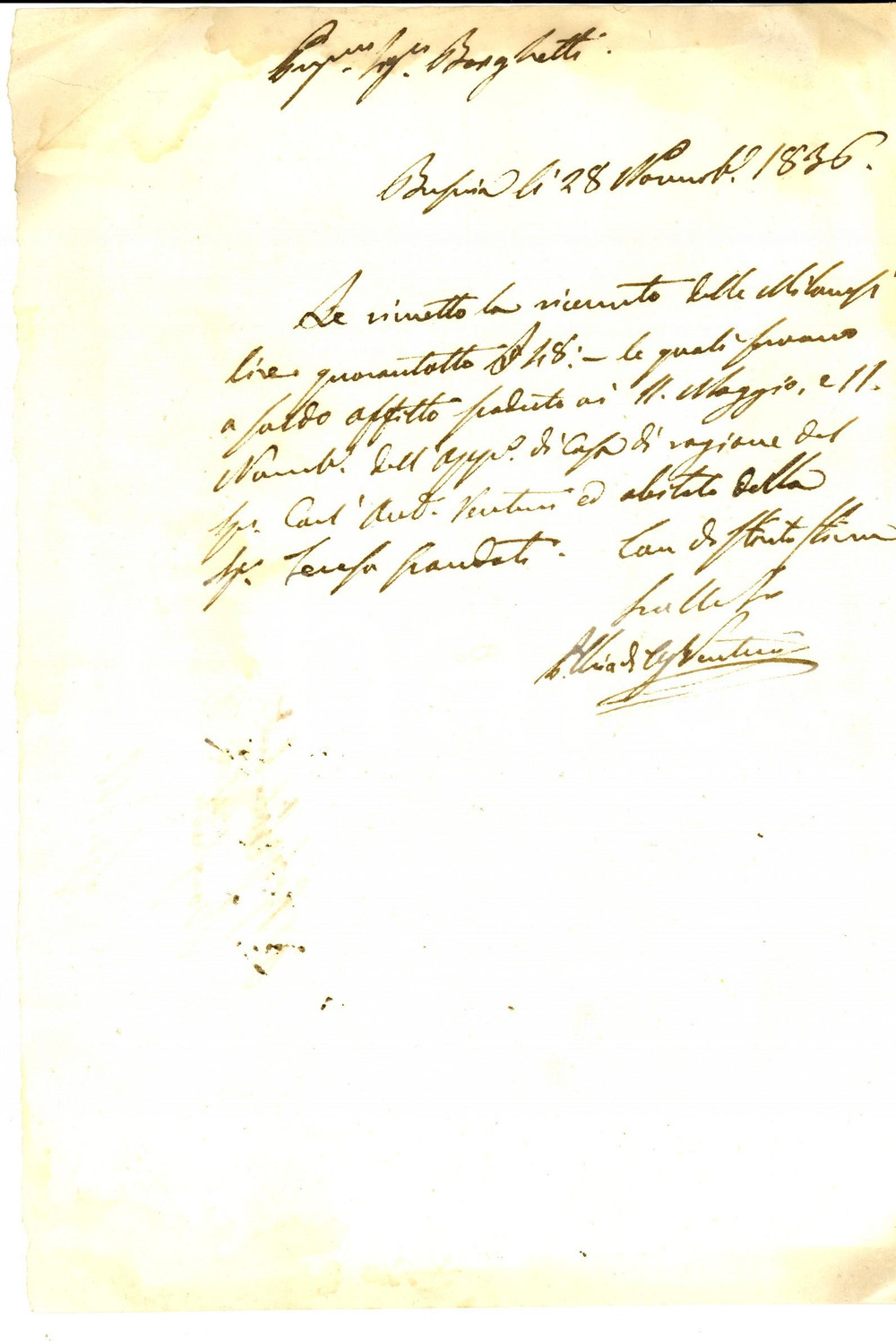 Documento originale, autentico 1836 BRESCIA Ricevuta per saldo affitto a favore di Carl Antonio VENTURI 1