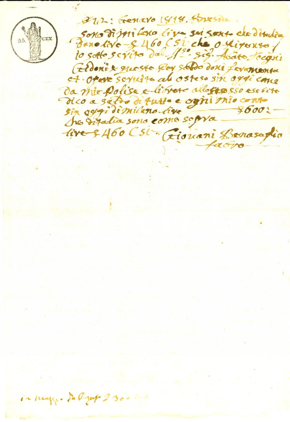 Documento originale, autentico 1818 BRESCIA Ricevuta del fabbro Giovanni BONASAGLIO per opere in ferro 1