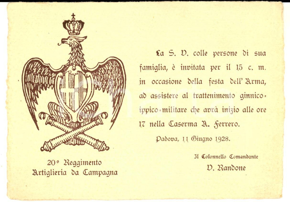 Oggetto da collezione cartaceo 1928 PADOVA Caserma FERRERO 20° Reggimento Artiglieria da Campagna  Invito 1