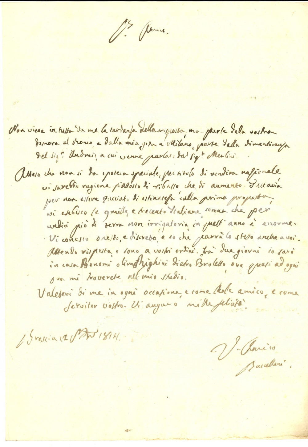 Documento originale, autentico 1814 BRESCIA Offerta di acquisto BUCCELLERI per terra non irrigatoria Lettera 1
