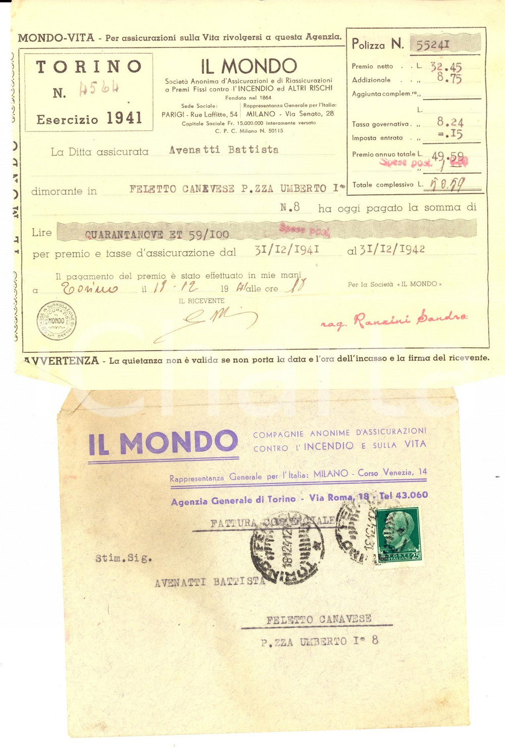 Documento originale, autentico 1941 TORINO IL MONDO Compagnie Assicurazioni Ricevuta + busta intestata 1