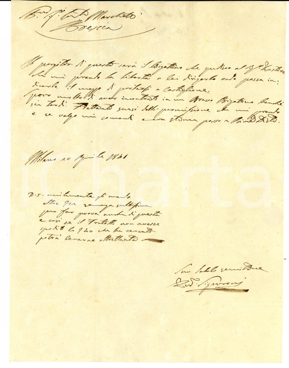 Documento originale, autentico 1841 BRESCIA Pietro SIGNORONI chiede informazioni al conte Paolo MARCHETTI 1