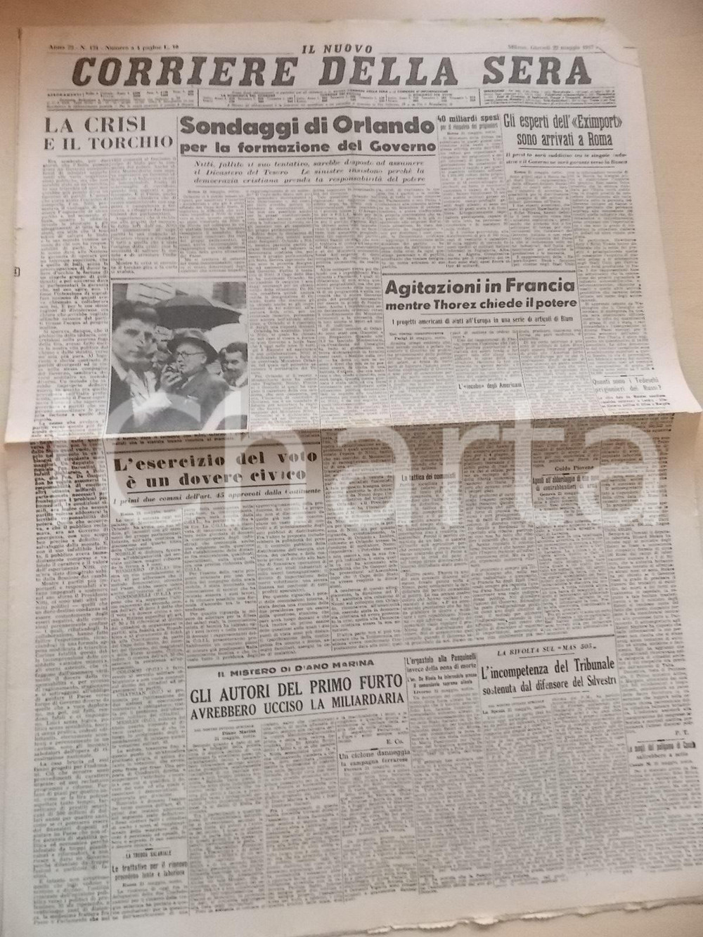 Giornale, rivista storica 1947 CORRIERE DELLA SERA Esperti dell EXIMPORT arrivati a Roma Giornale 1