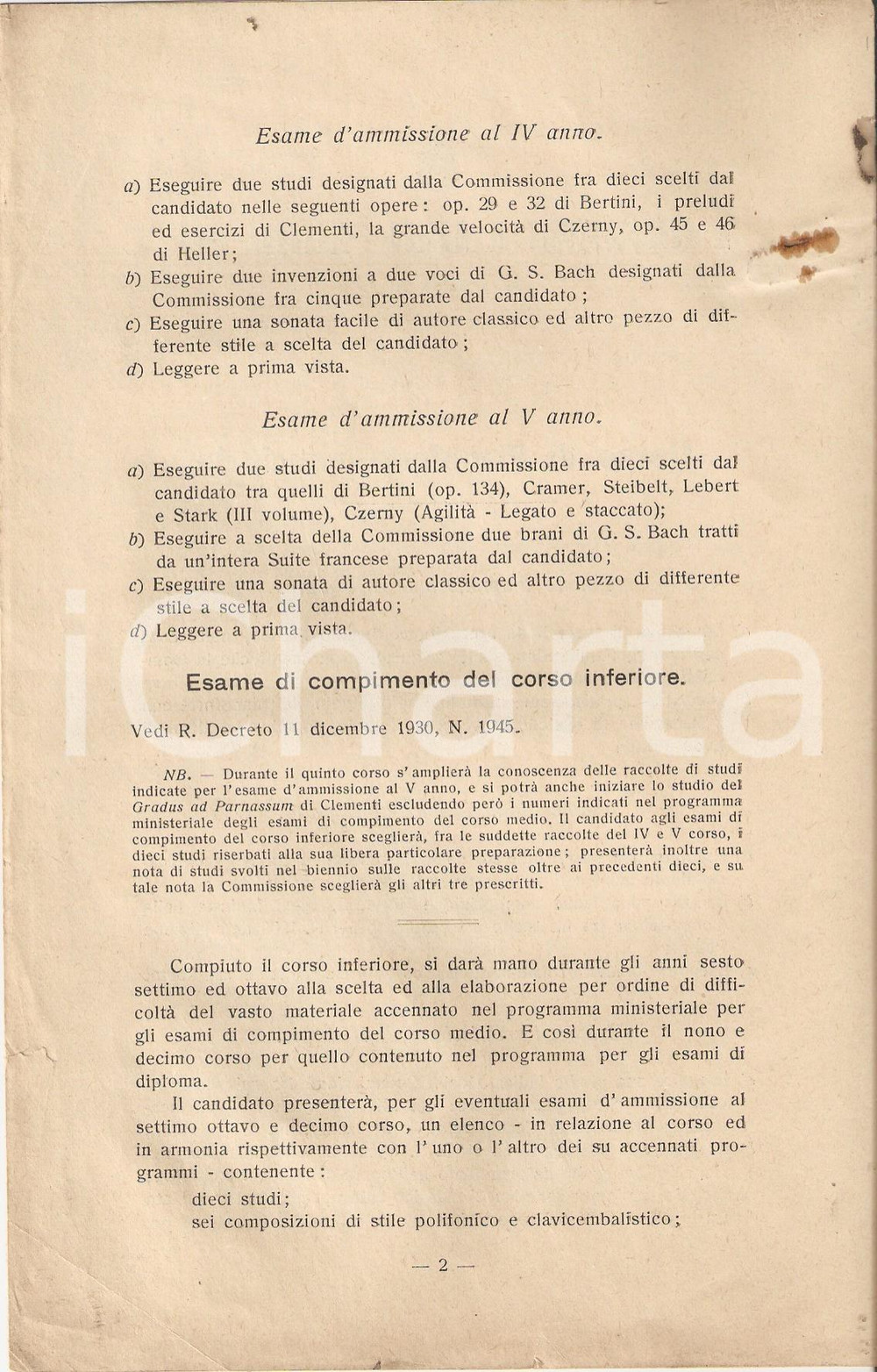 Documento originale, autentico 1930 ca MILANO Conservatorio VERDI Programma corso di pianoforte principale 1
