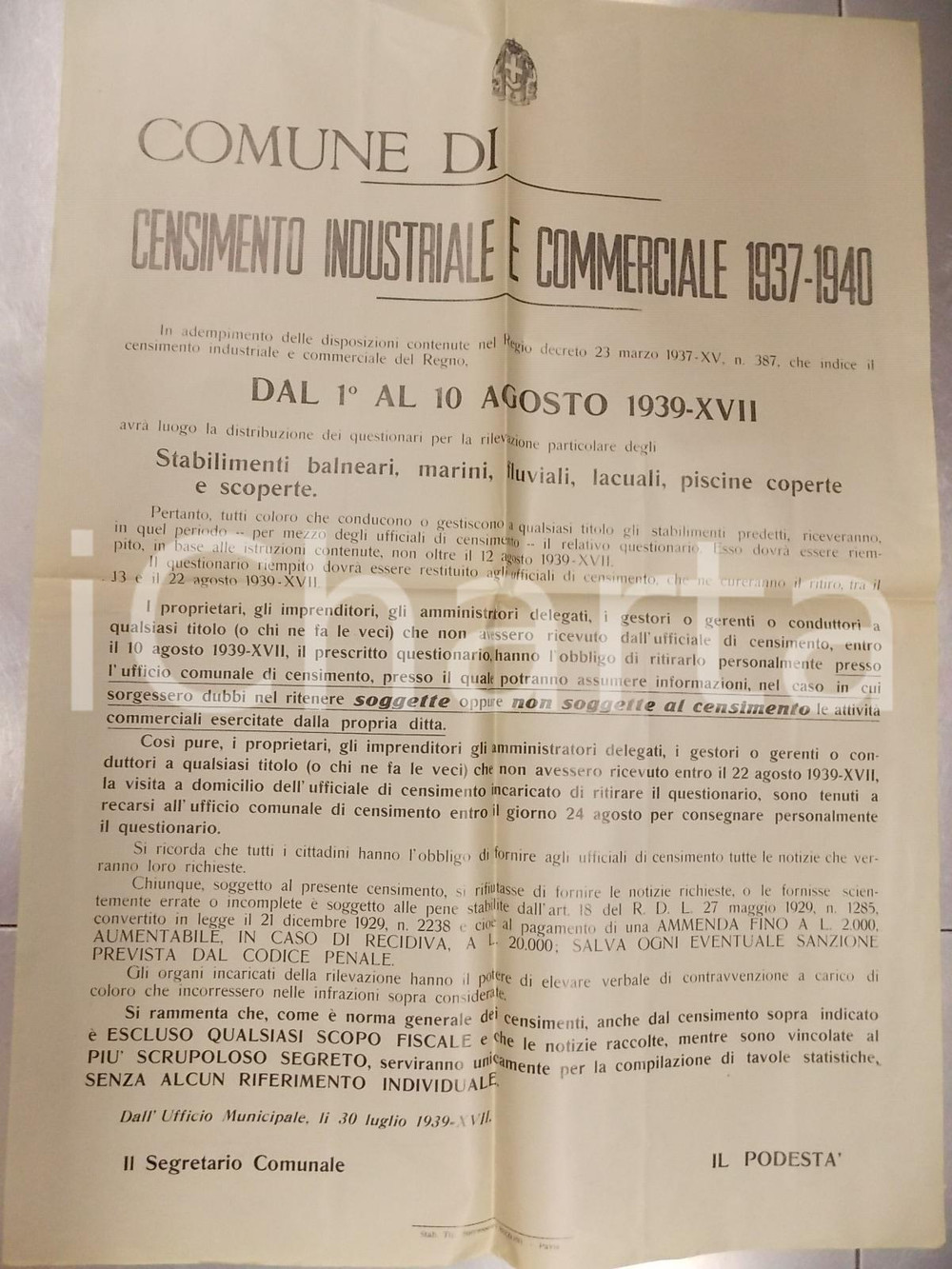 Documento originale, autentico 1939 PAVIA CENSIMENTO INDUSTRIALE per stabilimenti balneari e piscine Manifesto 1