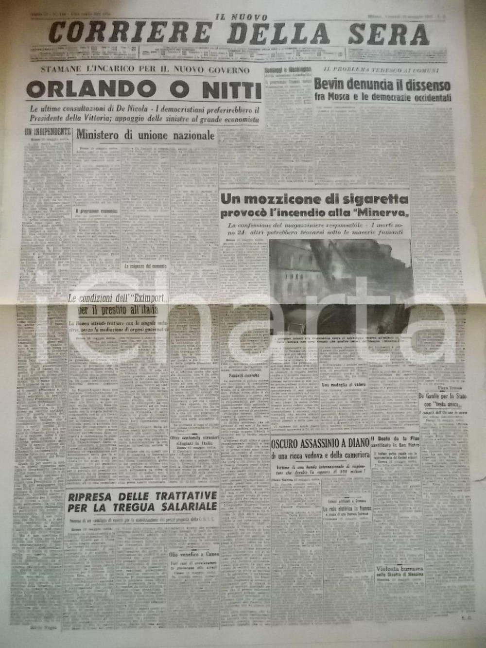 Giornale, rivista storica 1947 CORRIERE DELLA SERA Un mozzicone e l incendio della MINERVA Giornale 1