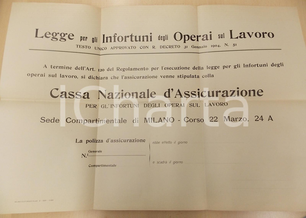 Documento originale, autentico 1910 MILANO Cassa Nazionale d Assicurazione Manifesto polizza infortuni operai 1