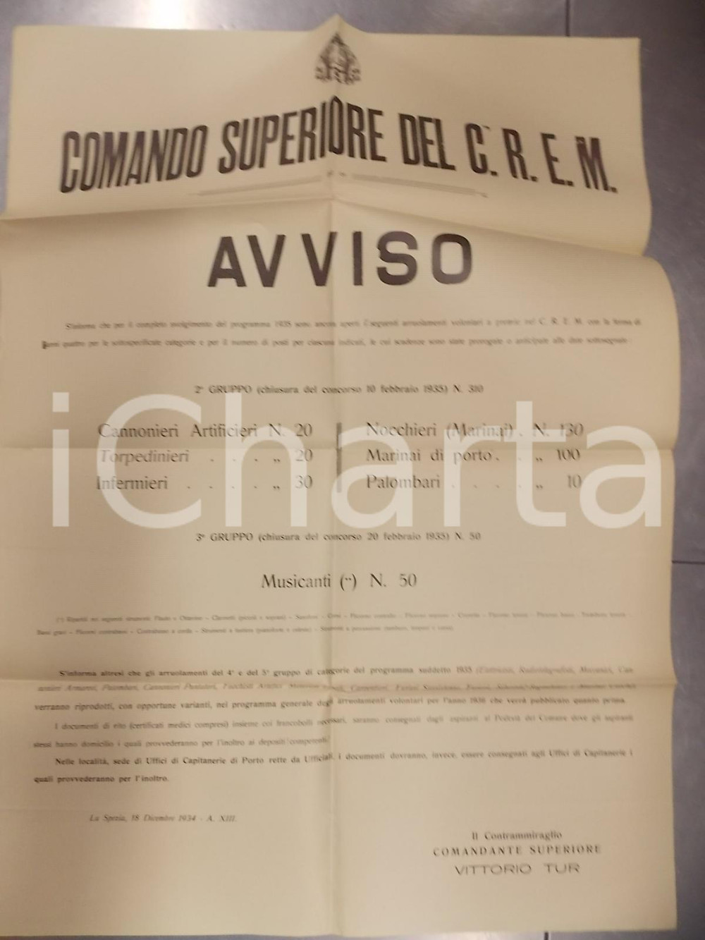 Documento originale, autentico 1934 LA SPEZIA CREM Arruolamenti volontari cannonieri e nocchieri Manifesto 1