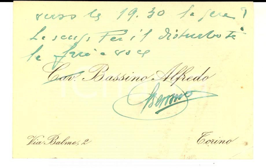 Oggetto da collezione cartaceo 1920 ca TORINO Biglietto da visita cav. Alfredo BASSINO Autografo 1