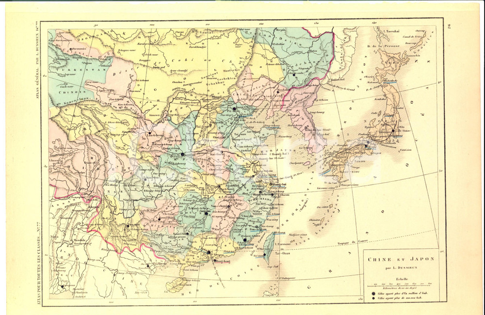 Stampa, bozzetto originale 1875 PARIS M. L. DUSSIEUX Atlas de géographie Carte CHINE et JAPON 1
