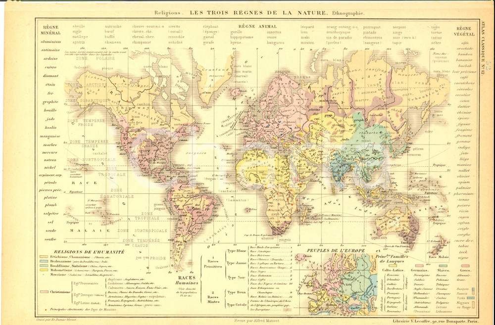 Stampa, bozzetto originale 1875 PARIS M. L. DUSSIEUX Atlas de gÃ©ographie Carte religions humanitÃ© nÂ°12 1