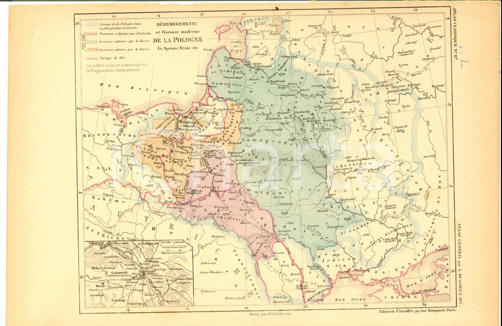 Stampa, bozzetto originale 1875 PARIS M. L. DUSSIEUX Atlas de gÃ©ographie Carte dÃ©membrements de la POLOGNE 1
