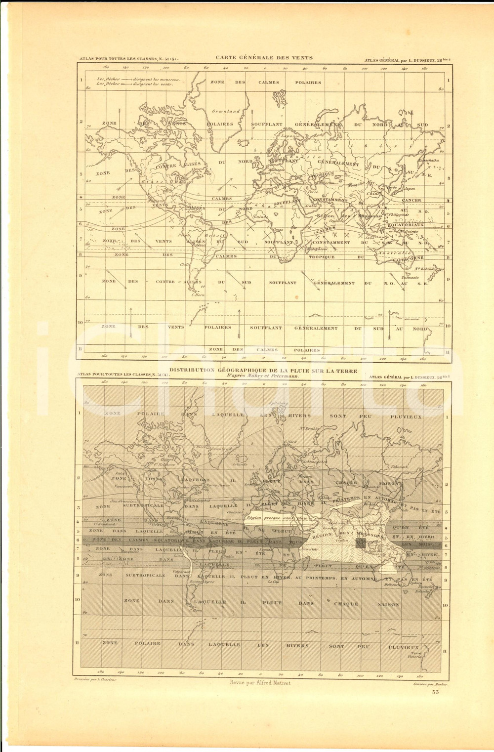 Stampa, bozzetto originale 1875 PARIS M. L. DUSSIEUX Atlas de gÃ©ographie Carte des vents et de la pluie 1