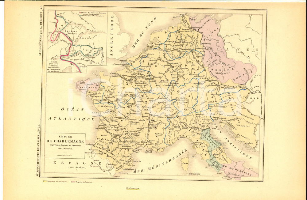 Stampa, bozzetto originale 1875 PARIS M. L. DUSSIEUX Atlas de gÃ©ographie Carte EMPIRE DE CHARLEMAGNE 1
