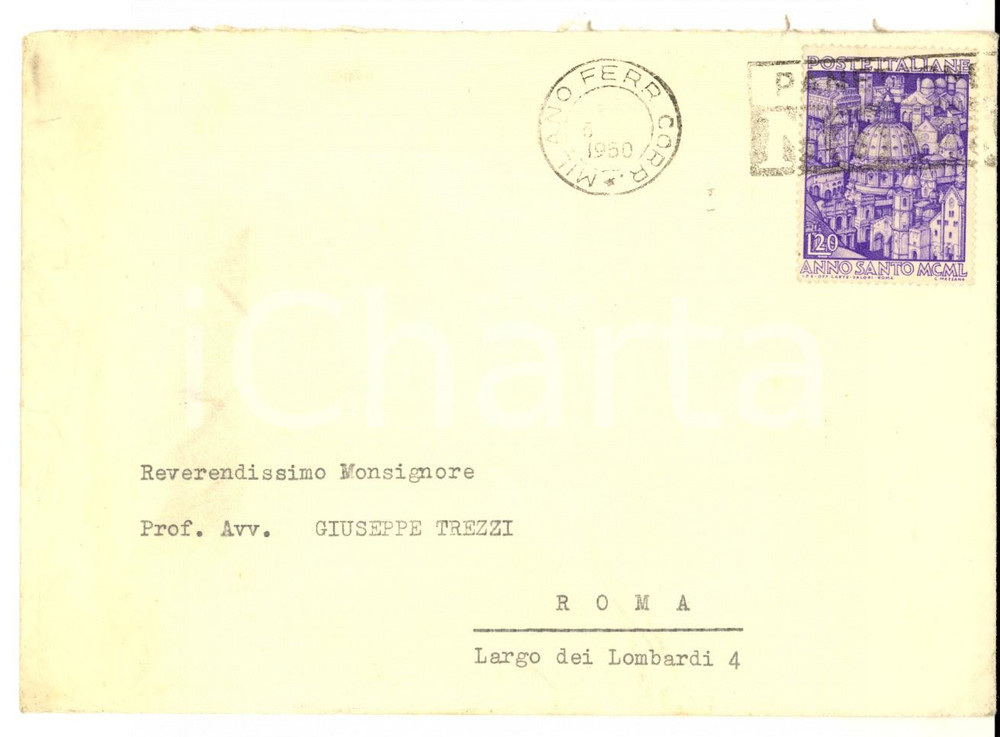 Cartolina originale da collezione 1950 STORIA POSTALE REPUBBLICA MILANO Busta affrancatura L. 20 ANNO SANTO 1