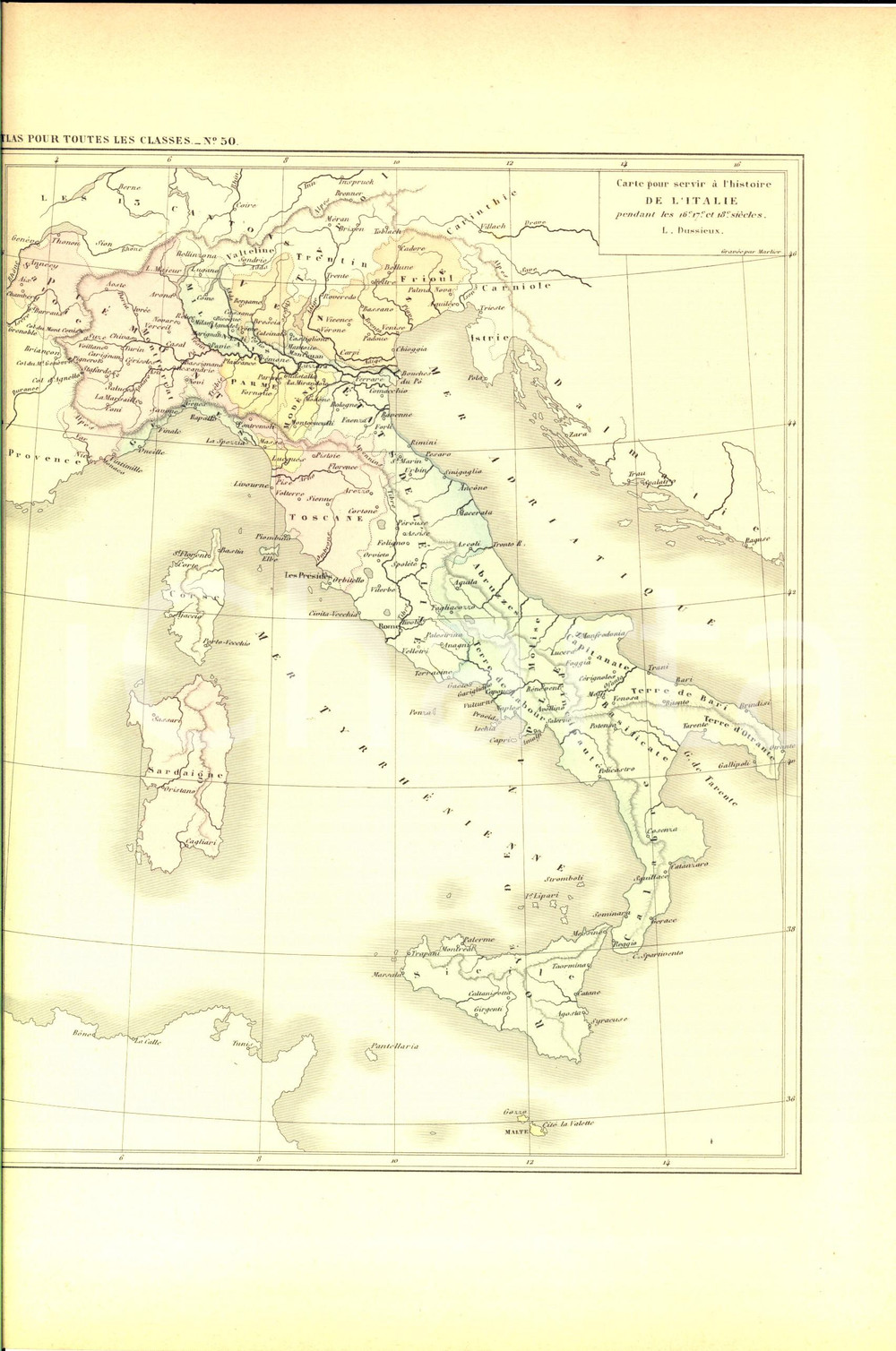 Stampa, bozzetto originale 1875 PARIS M. L. DUSSIEUX Atlas de gÃ©ographie Carte ITALIE 16e17e18e siÃ¨cle 1