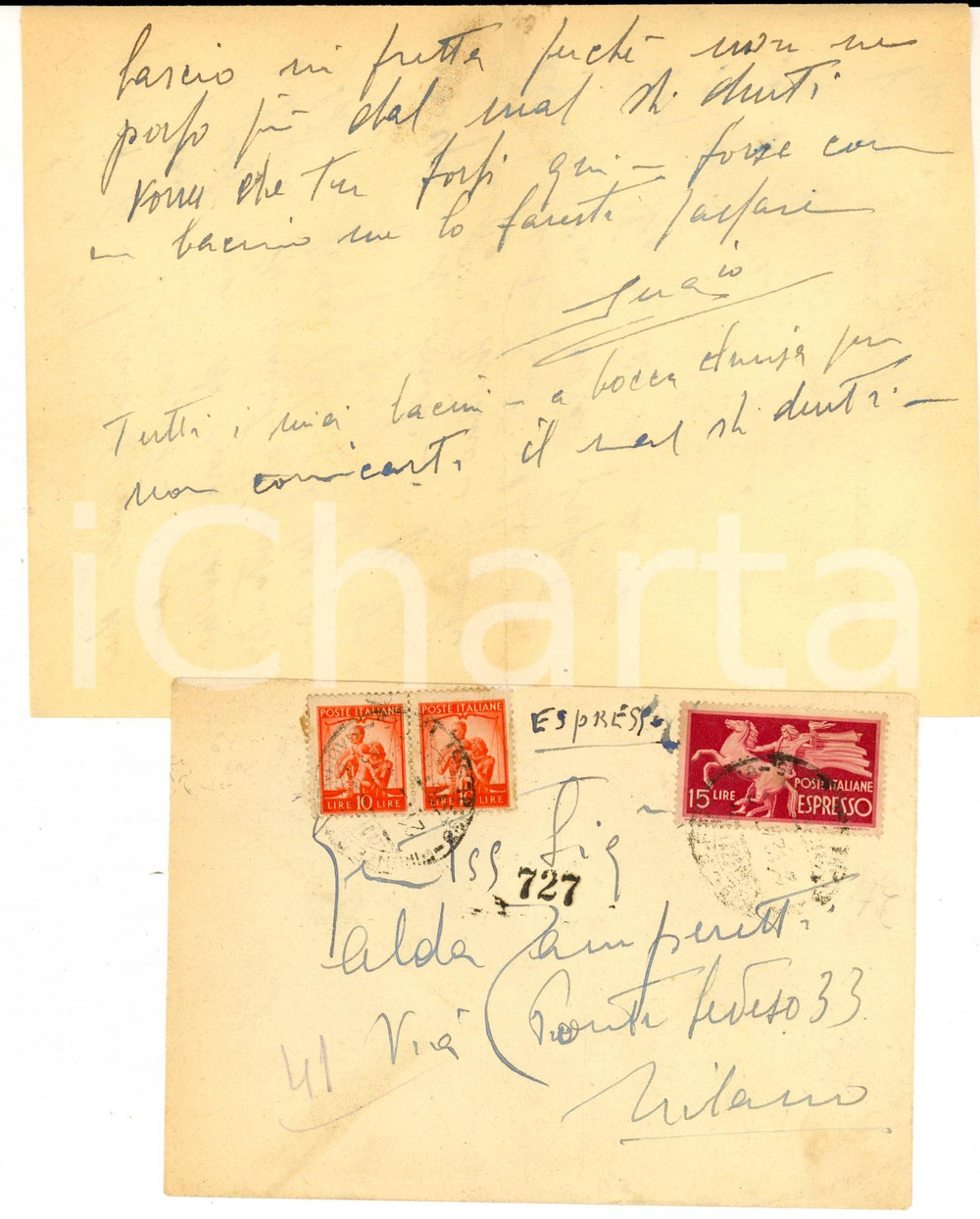 Cartolina originale da collezione 1947 FIRENZE STORIA POSTALE Lettera con busta affrancata L. 15 espresso + L. 10 1