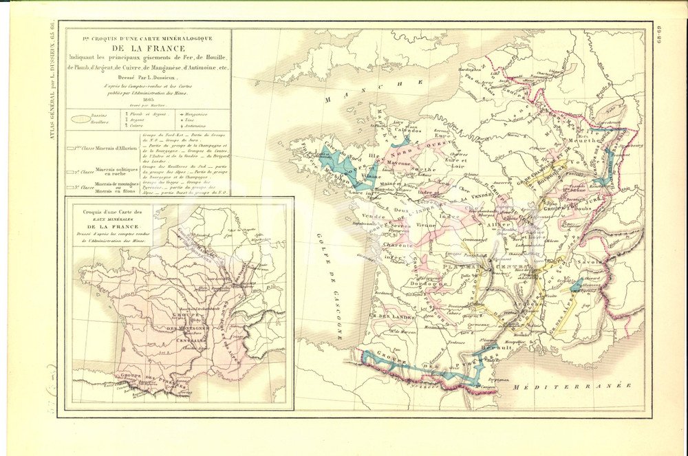 Stampa, bozzetto originale 1875 PARIS M. L. DUSSIEUX Atlas de gÃ©ographie Carte minÃ©ralogique FRANCE 1
