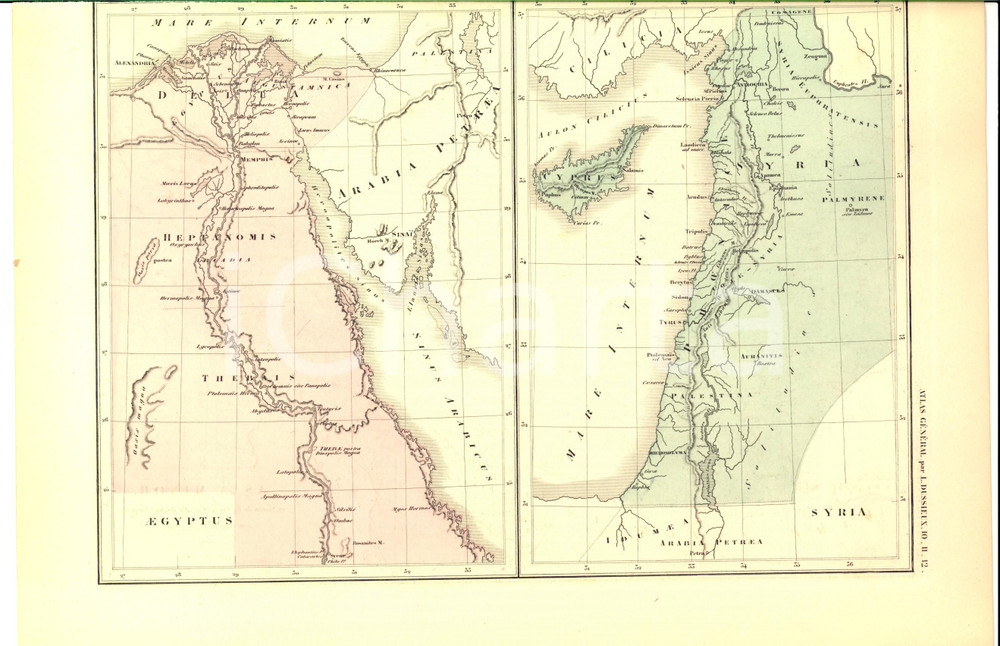 Stampa, bozzetto originale 1875 PARIS M. L. DUSSIEUX Atlas de gÃ©ographie Carte EGYPTUS SYRIA 1