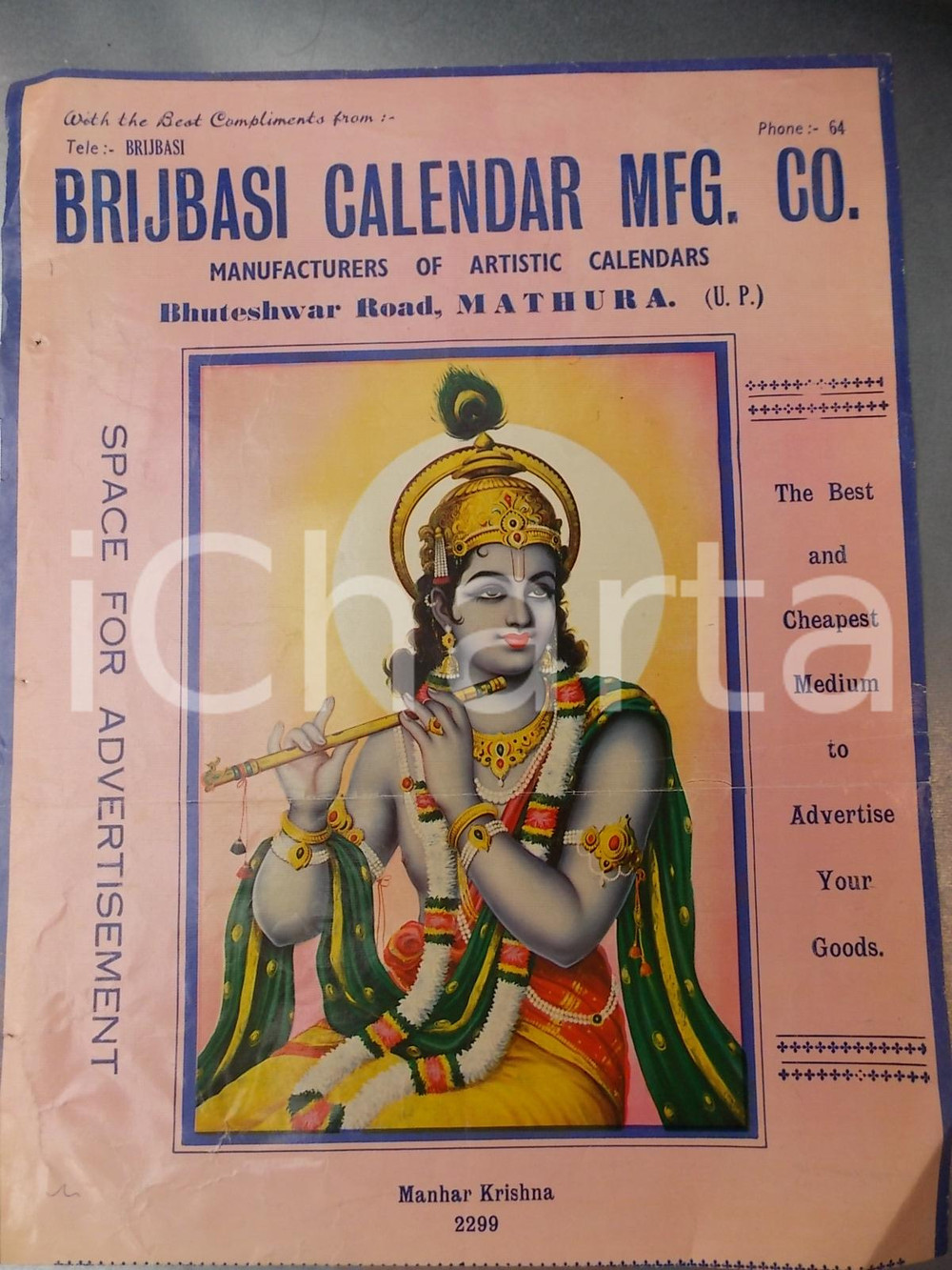 Oggetto da collezione cartaceo 1965 INDIA BRIJBASI Artistic calendar  Manhar Krishna 28x45 cm 1