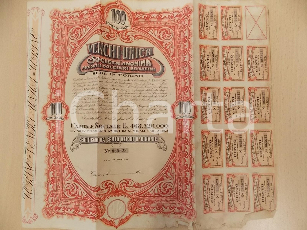 Oggetto da collezione cartaceo 1950 ca TORINO VENCHI UNICA Prodotti dolciari Certificato azionario con cedole 1